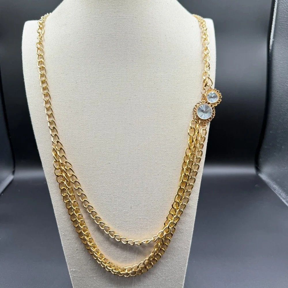 Gold Tone Triple Strand Chain Necklace Clear Rhinestone Statement Layered Boho